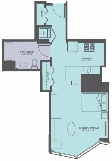 Floor plan for studio, 1 bath, 589 sqft